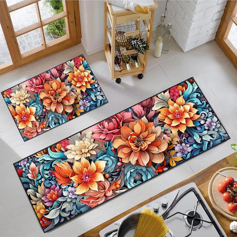UYDOXCU Colorful Flower Kitchen Rug 2 Piece Set, Boho Decor Kitchen Floor Mat, Non-Slip Absorbent and Washable Home Decoration Carpet 17 * 30+17 * 47 Inches - Image 1